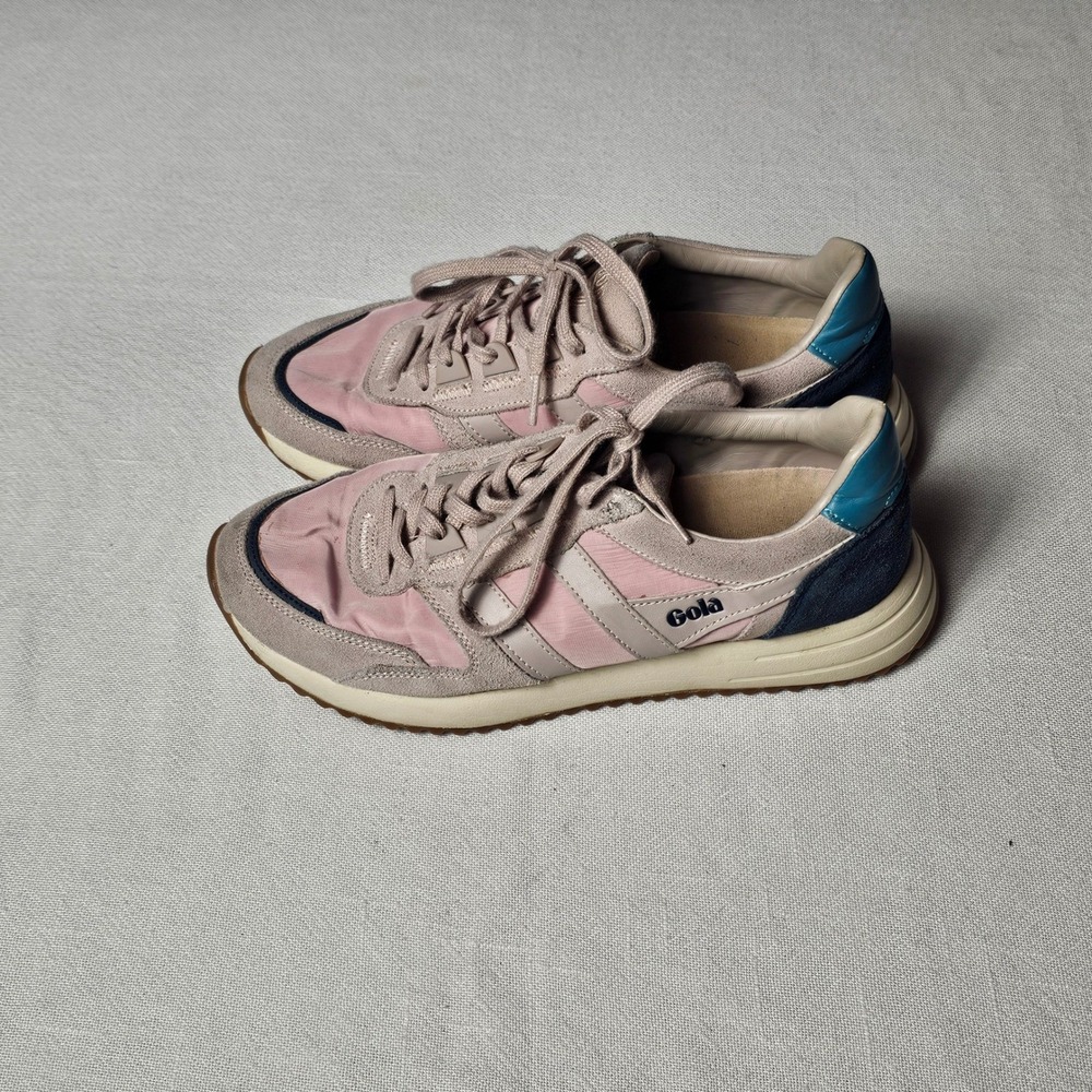 Gola Chicago Pink Taupe Blue Suede Nylon Retro Jogger Sneakers CLB340 Womens 8